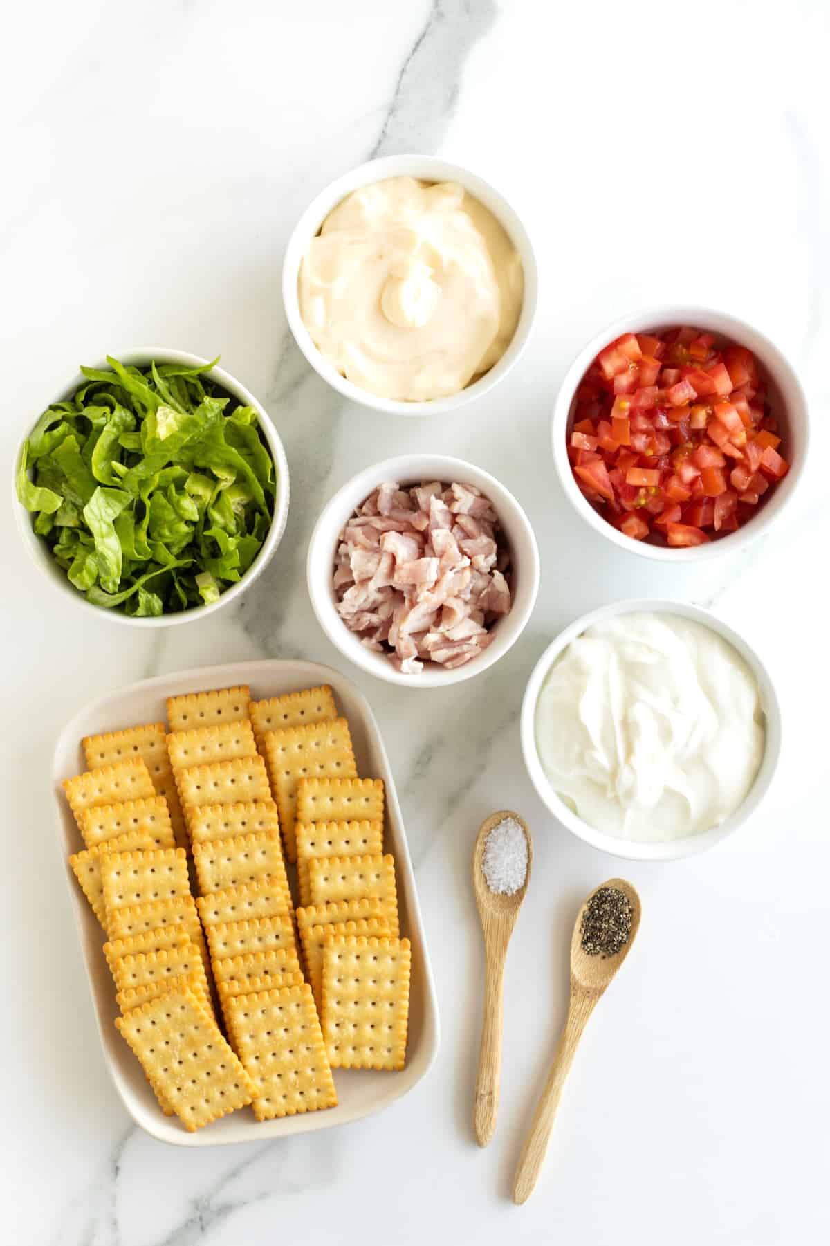 Bacon, romaine lettuce, sour cream, Roma tomatoes, mayonnaise and club crackers for a BLT dip.