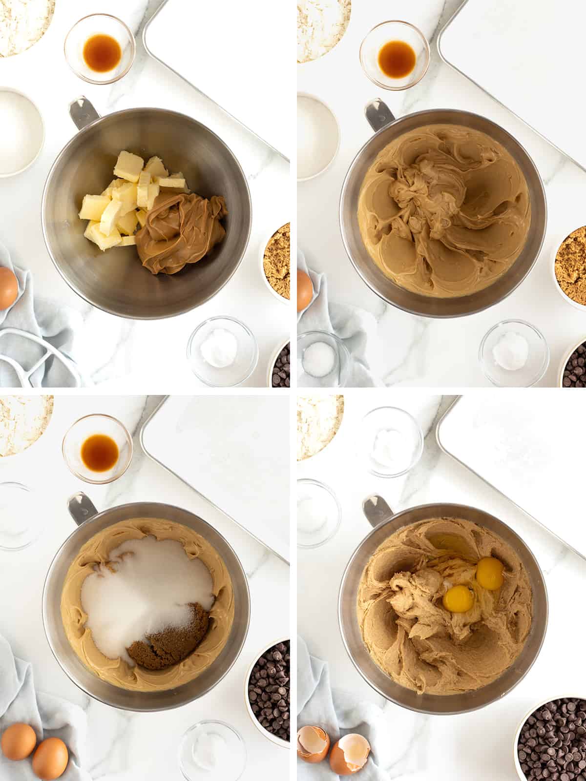 Steps to make peanut butter chocolate chip cookie dough.