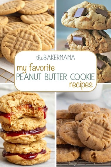 Classic peanut butter cookies, peanut butter chocolate chunk cookies, peanut butter and jelly cookie sandwiches, Healthy Flourless Peanut Butter & Jelly Cookie Sandwiches, and Flourless Peanut Butter Cookies.