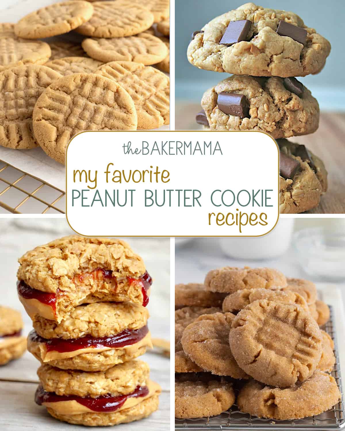 Classic peanut butter cookies, peanut butter chocolate chunk cookies, peanut butter and jelly cookie sandwiches, Healthy Flourless Peanut Butter & Jelly Cookie Sandwiches, and Flourless Peanut Butter Cookies.