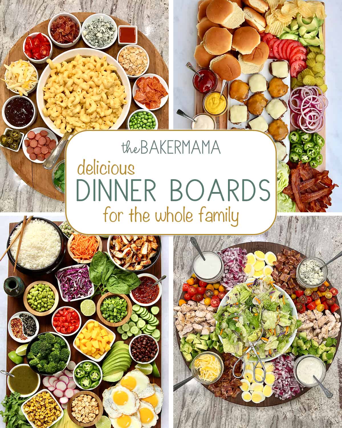 Mac and Cheese Board, Burger Board, Rice Bowl Board and Cobb Salad Board