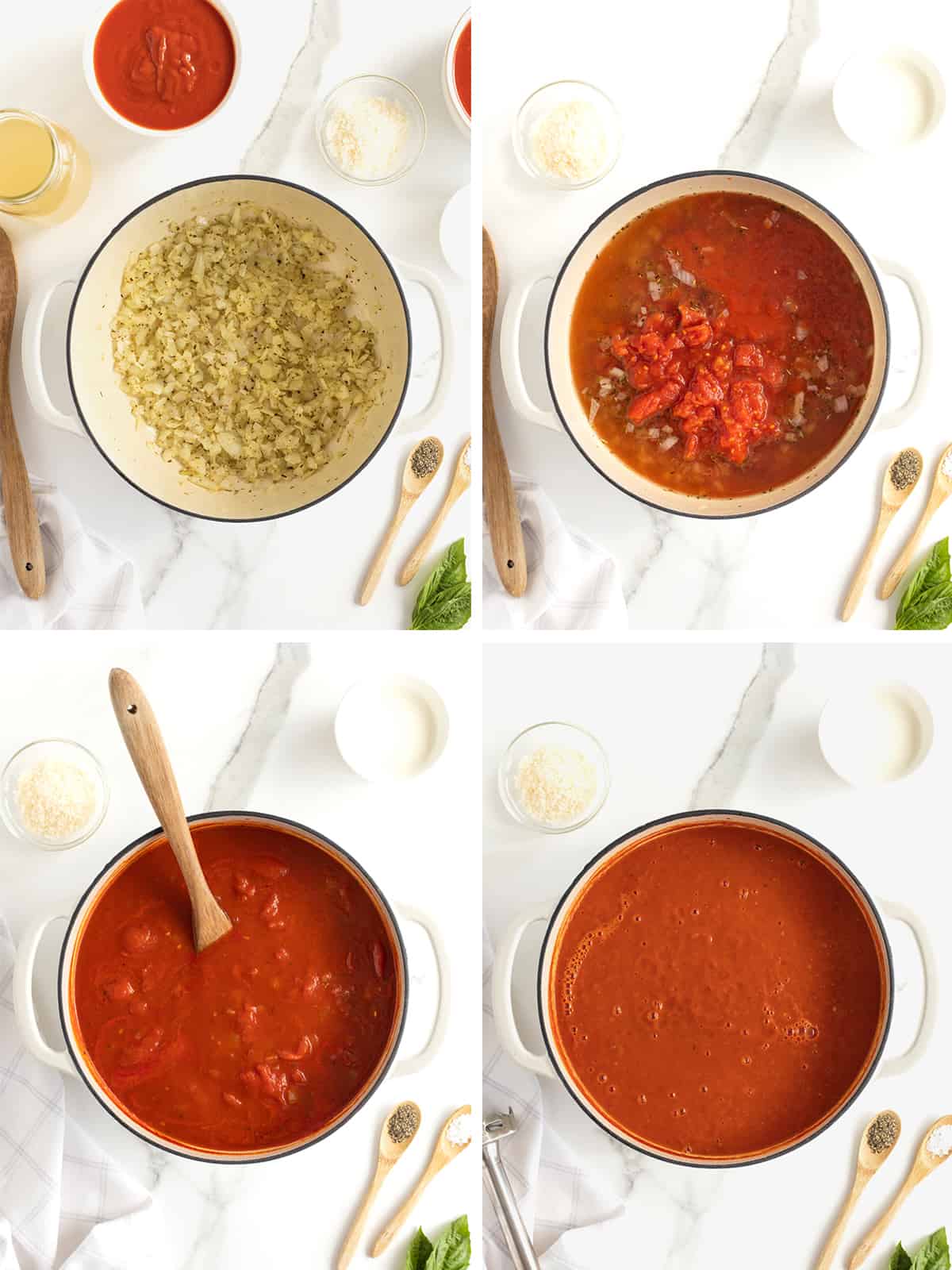 Steps to make homemade cream of tomato soup.