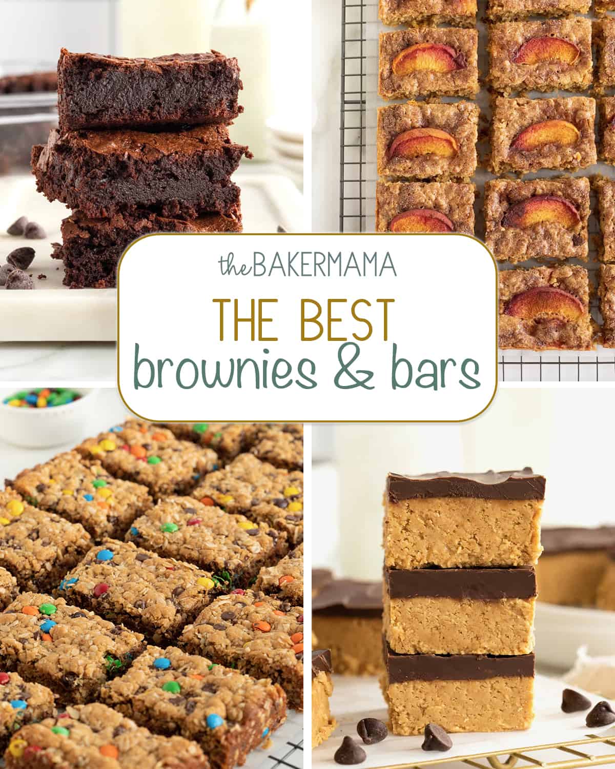 One bowl huge brownies, peach oatmeal bars, flourless monster cookie bars, and no-bake chocolate peanut butter bars.