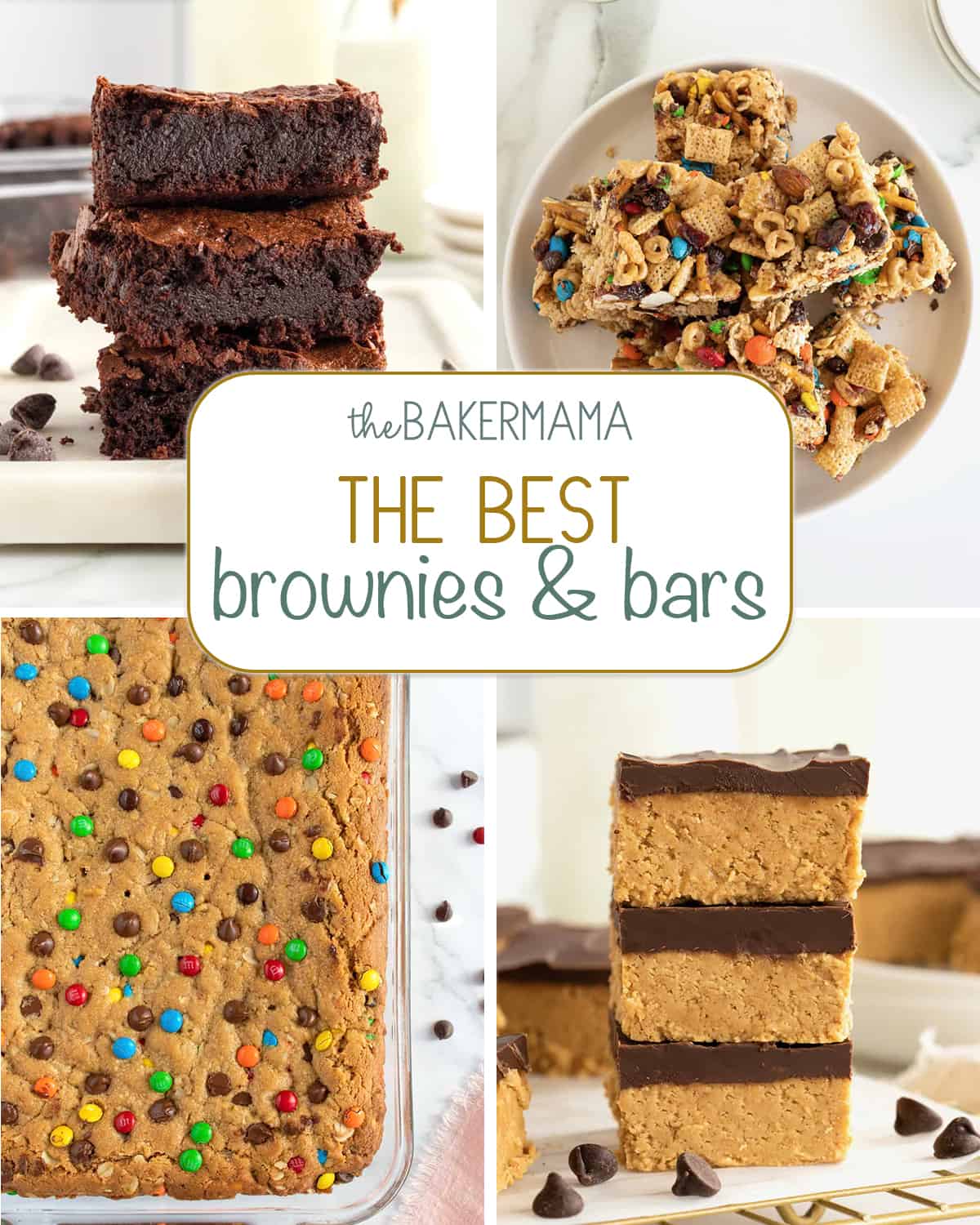 Flourless fudge brownies, no-bake snack mix bars, monster cookie bars, no-bake chocolate peanut butter bars.