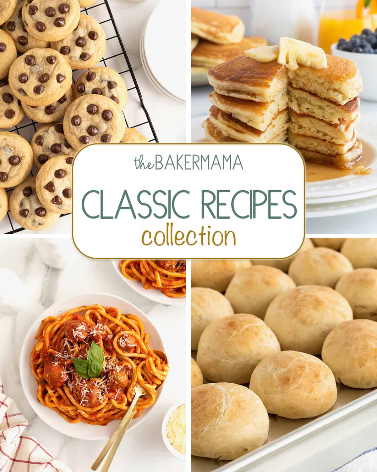 Classic chocolate chip cookies, classic buttermilk pancakes, classic spaghetti and meatballs, classic dinner rolls.