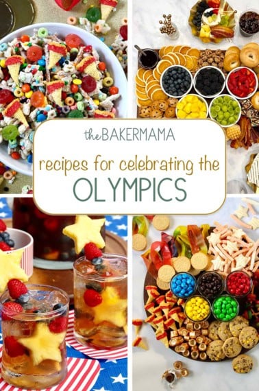 Olympics Snack Mix, Olympics breakfast board, Sweet Tea Sangria, and an Olympics Snack Board.