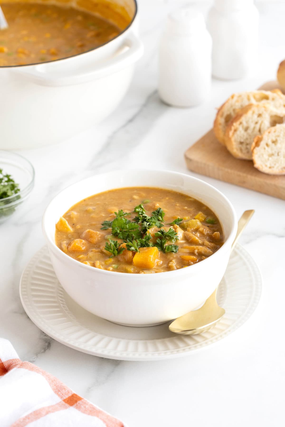 A serving of pumpkin pot pie soup on a white fluted plate.