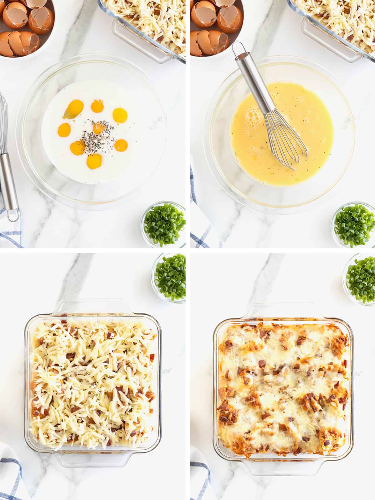 Steps to make croissant breakfast casserole.