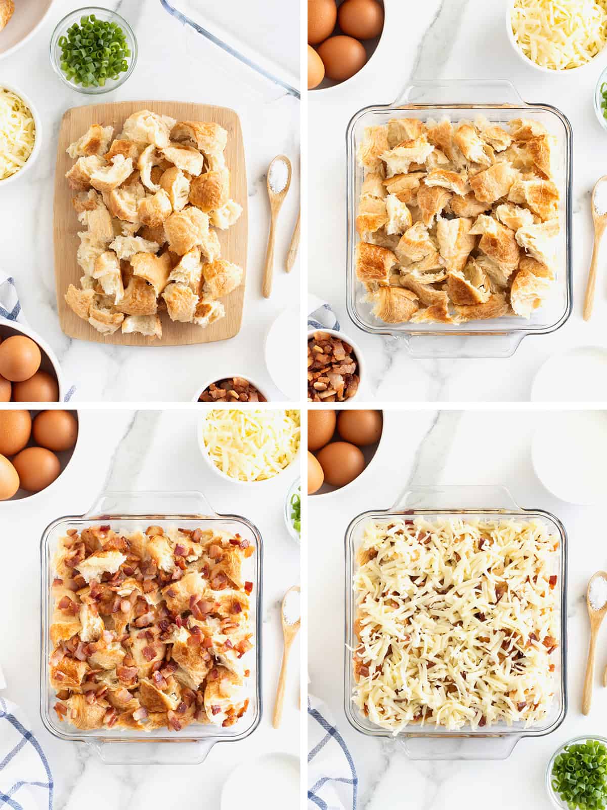 Steps to make croissant breakfast casserole.