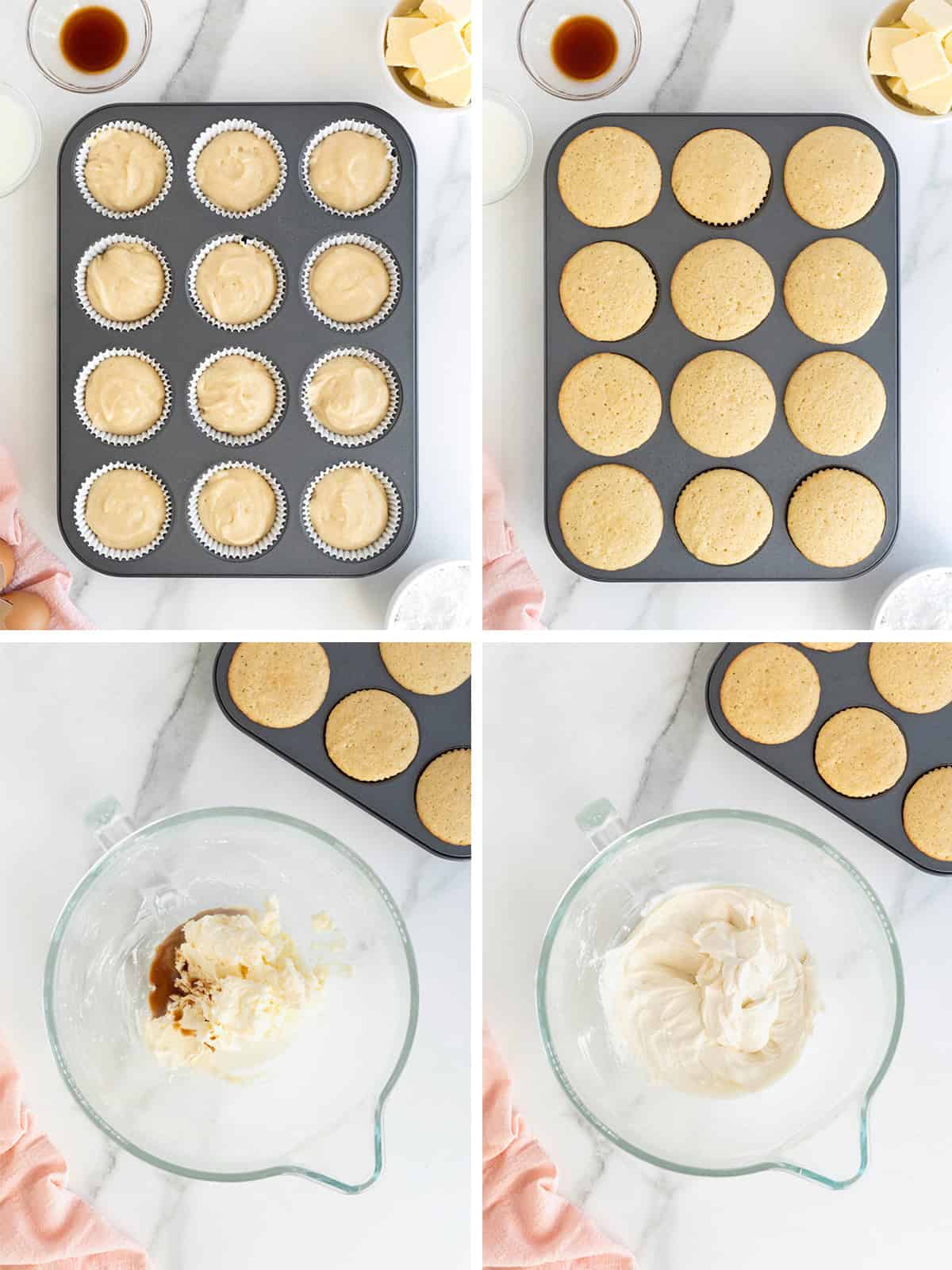 Steps to make vanilla cupcakes and vanilla buttercream frosting.