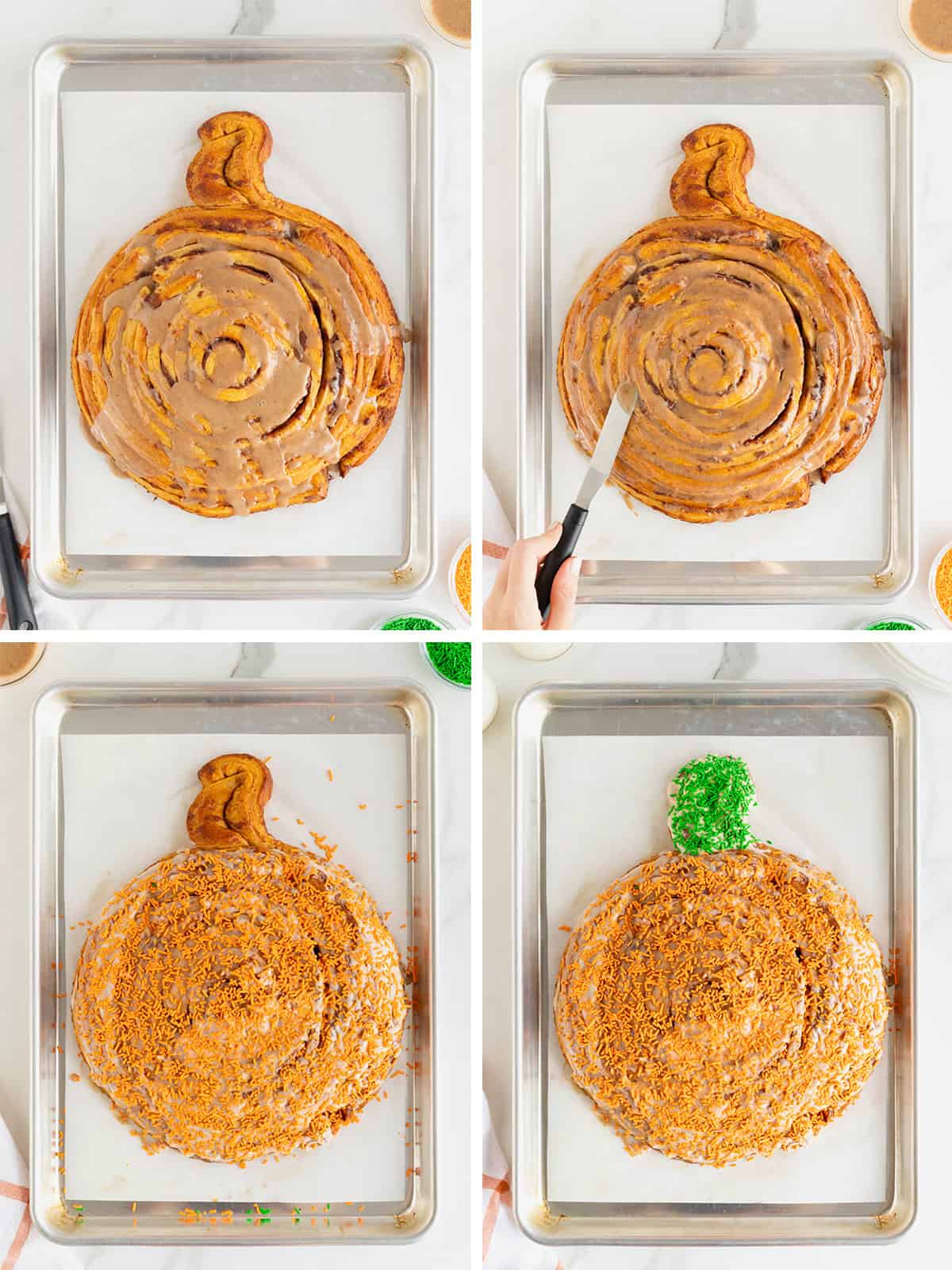 Steps to make a giant pumpkin shaped cinnamon roll. 