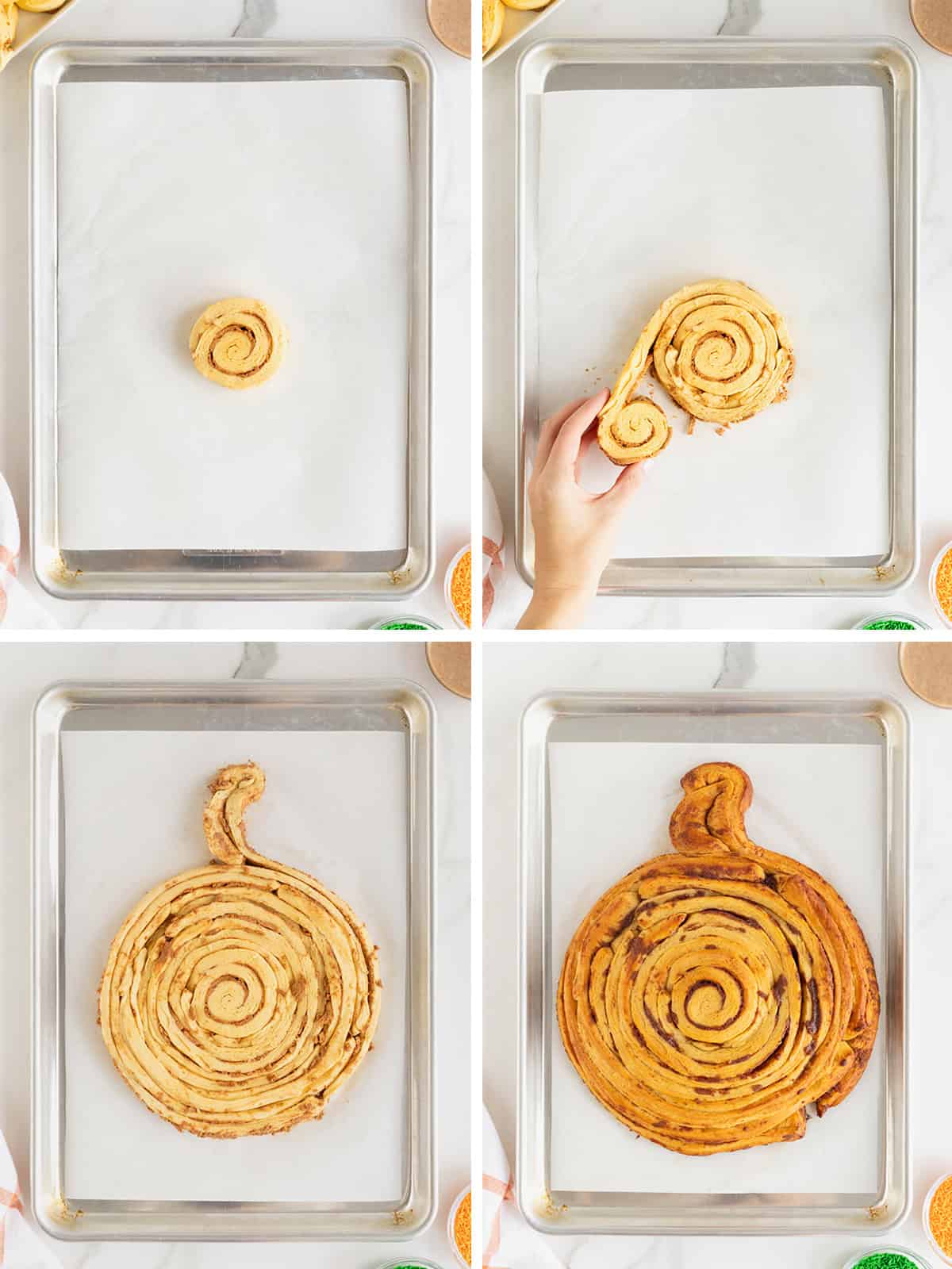 Steps to make a giant pumpkin cinnamon roll.