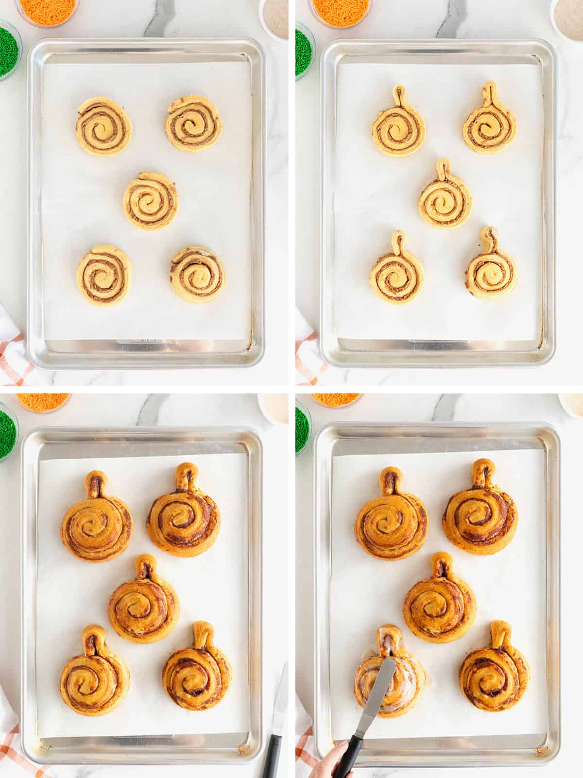 Steps to make Pumpkin Shaped cinnamon rolls out of canned cinnamon roll dough. 