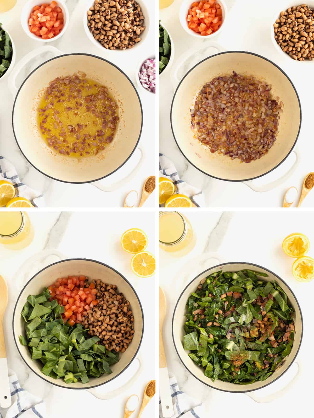 Steps to make black eyed peas and collard greens.