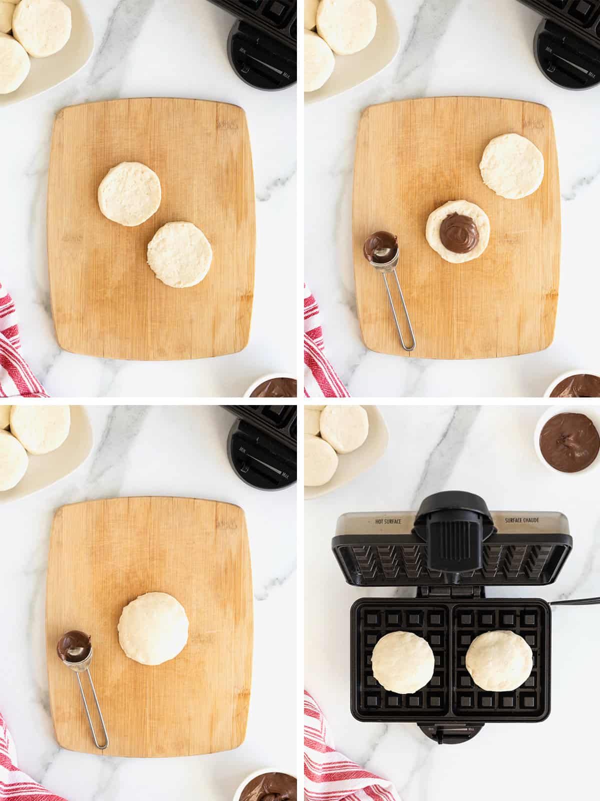 Steps to make Nutella Filled Waffles using canned biscuits.