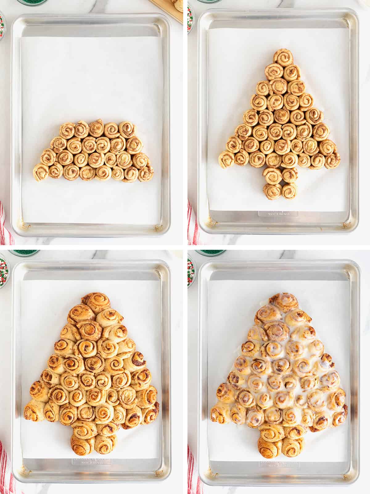 Steps to make a Christmas Tree shaped cinnamon roll pull-apart.