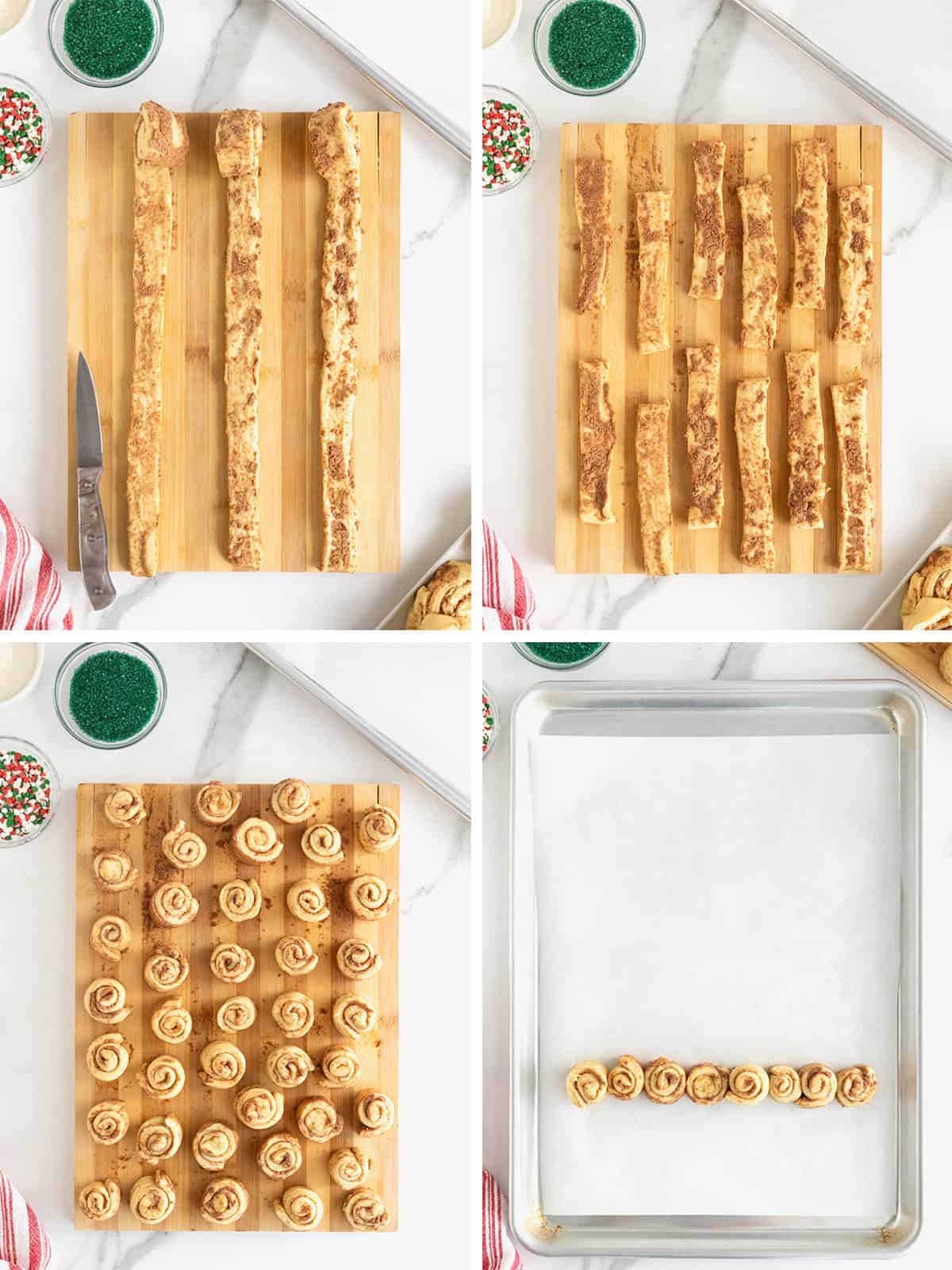 Steps to make a Christmas Tree pull-apart out of canned cinnamon rolls.