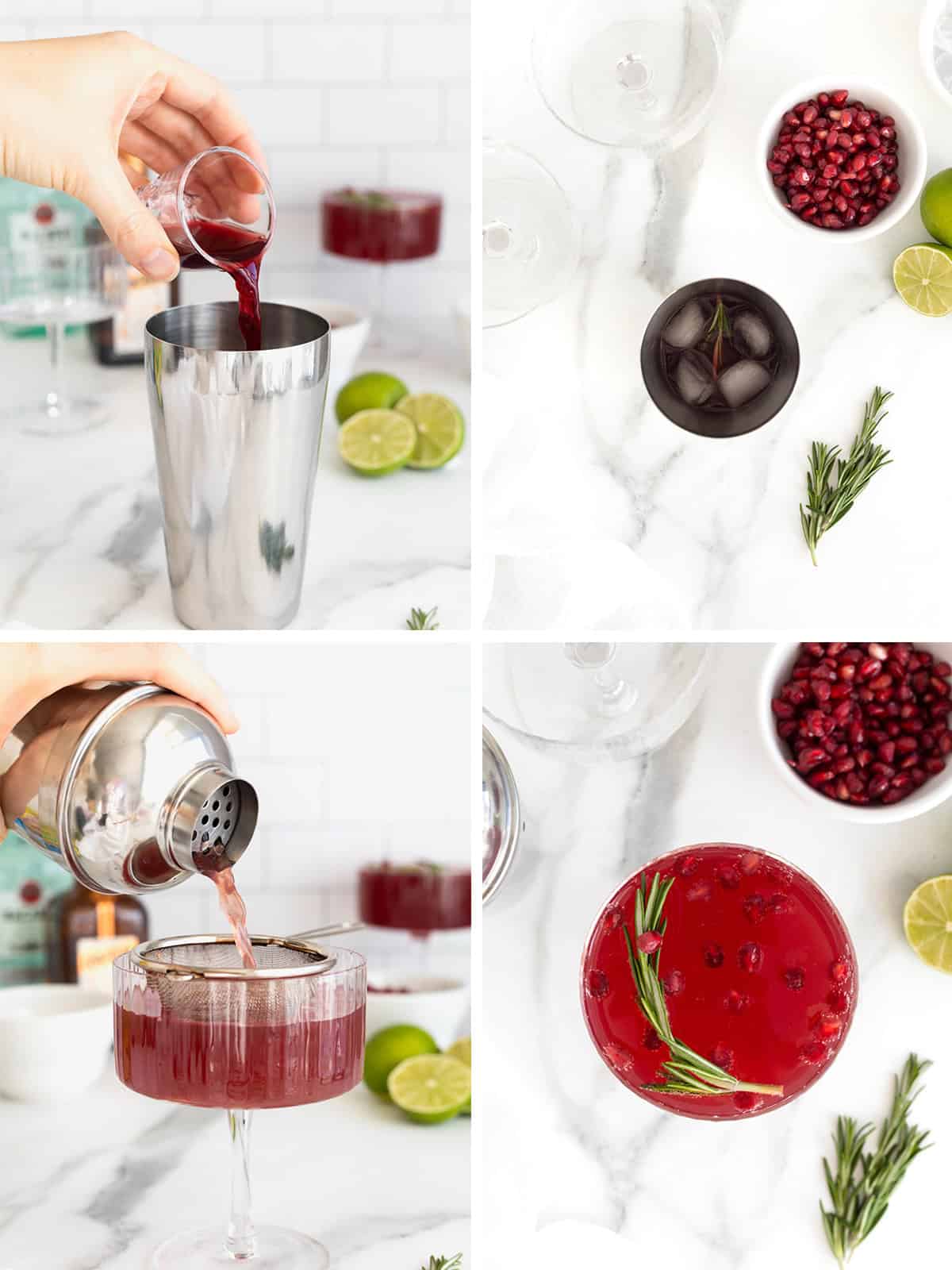 Steps to make a pomegranate rosemary holiday cocktail.