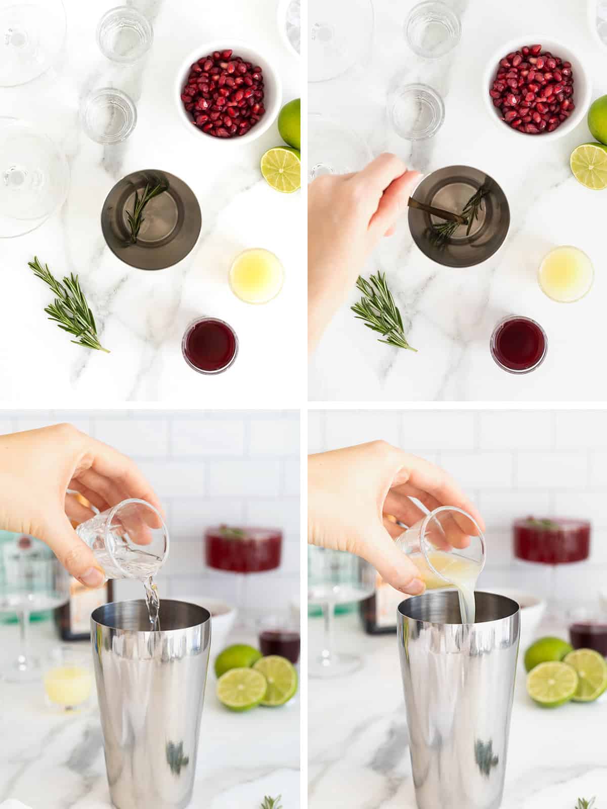 Steps to make a pomegranate rosemary holiday cocktail.