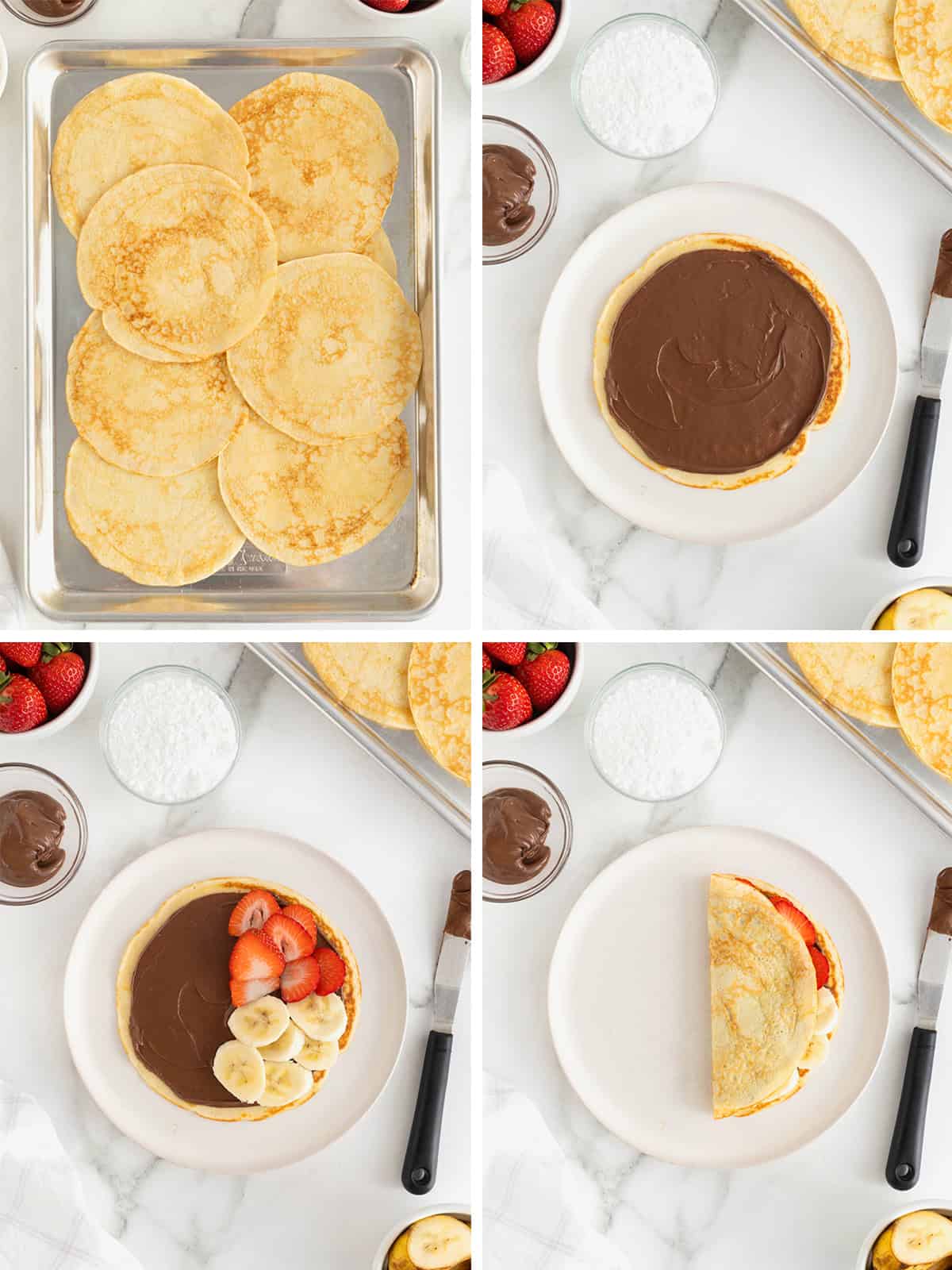 Steps to make sweet crepes with Nutella, strawberries and bananas.