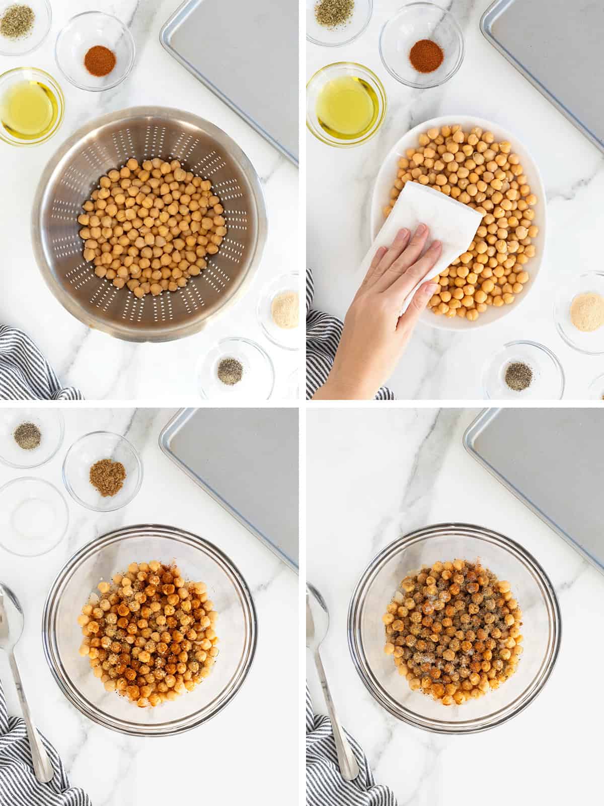 Steps to make roasted chickpeas.