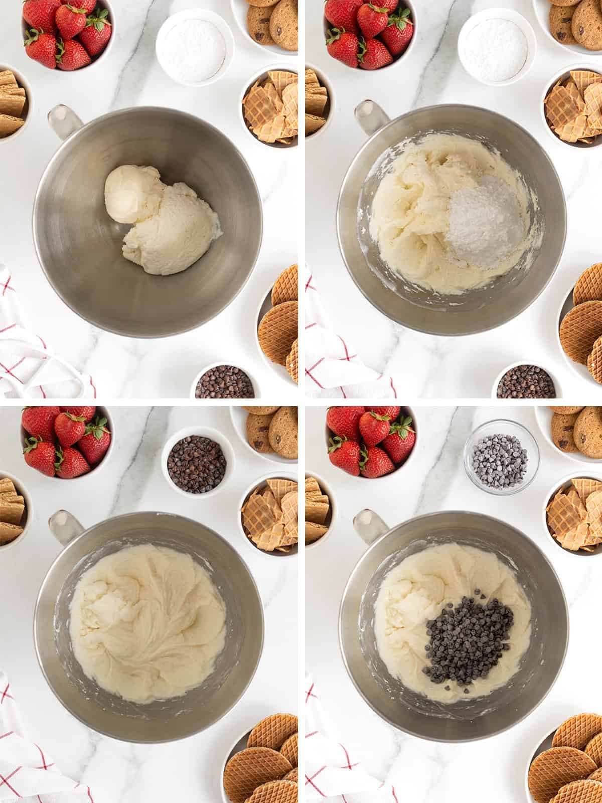 Steps to make chocolate chip cannoli dip.