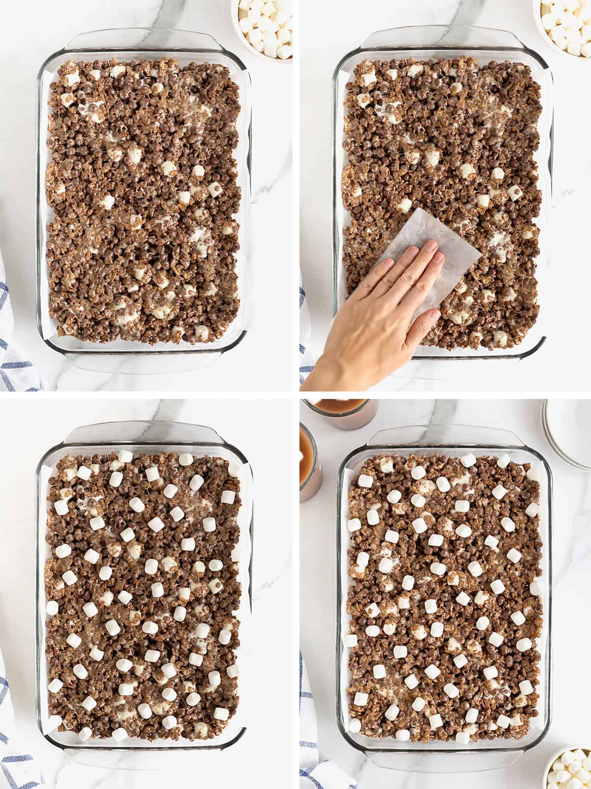 Steps to make hot cocoa krispies treats.