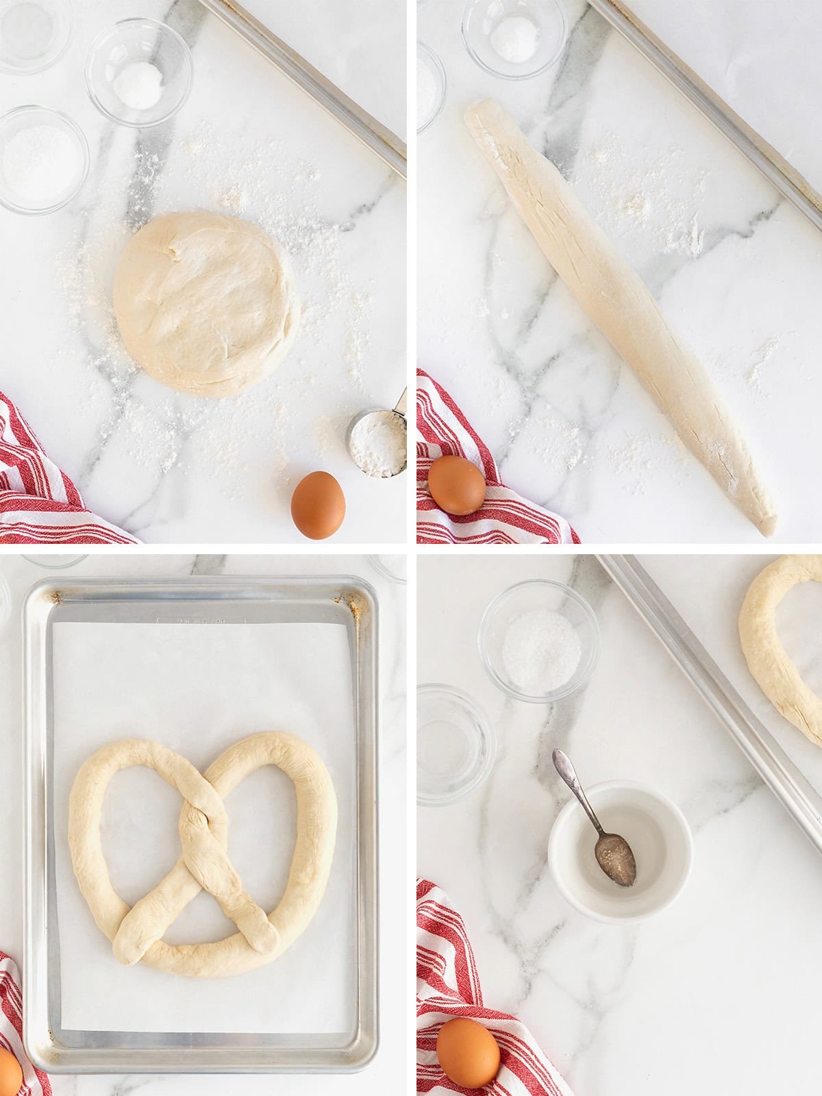 Steps to make a jumbo soft pretzel.