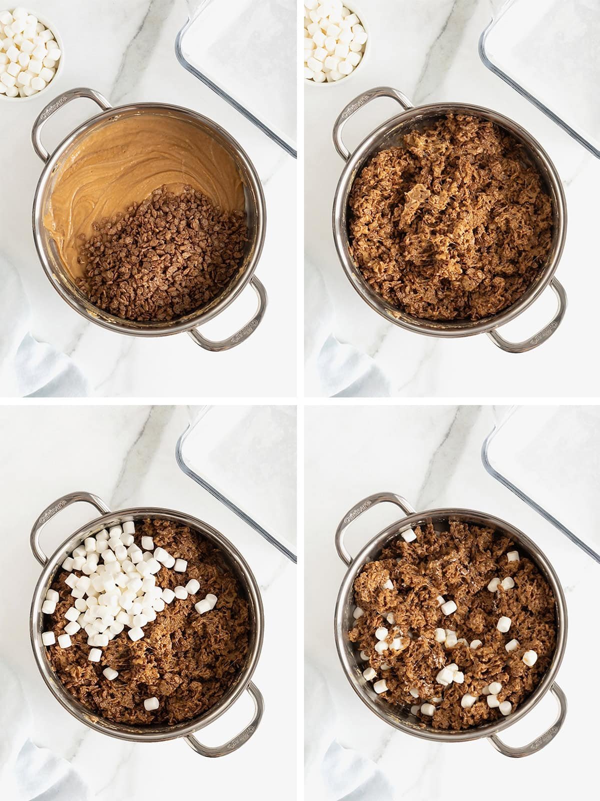 Steps to make Chocolate Peanut Butter Rice Krispies Treats.