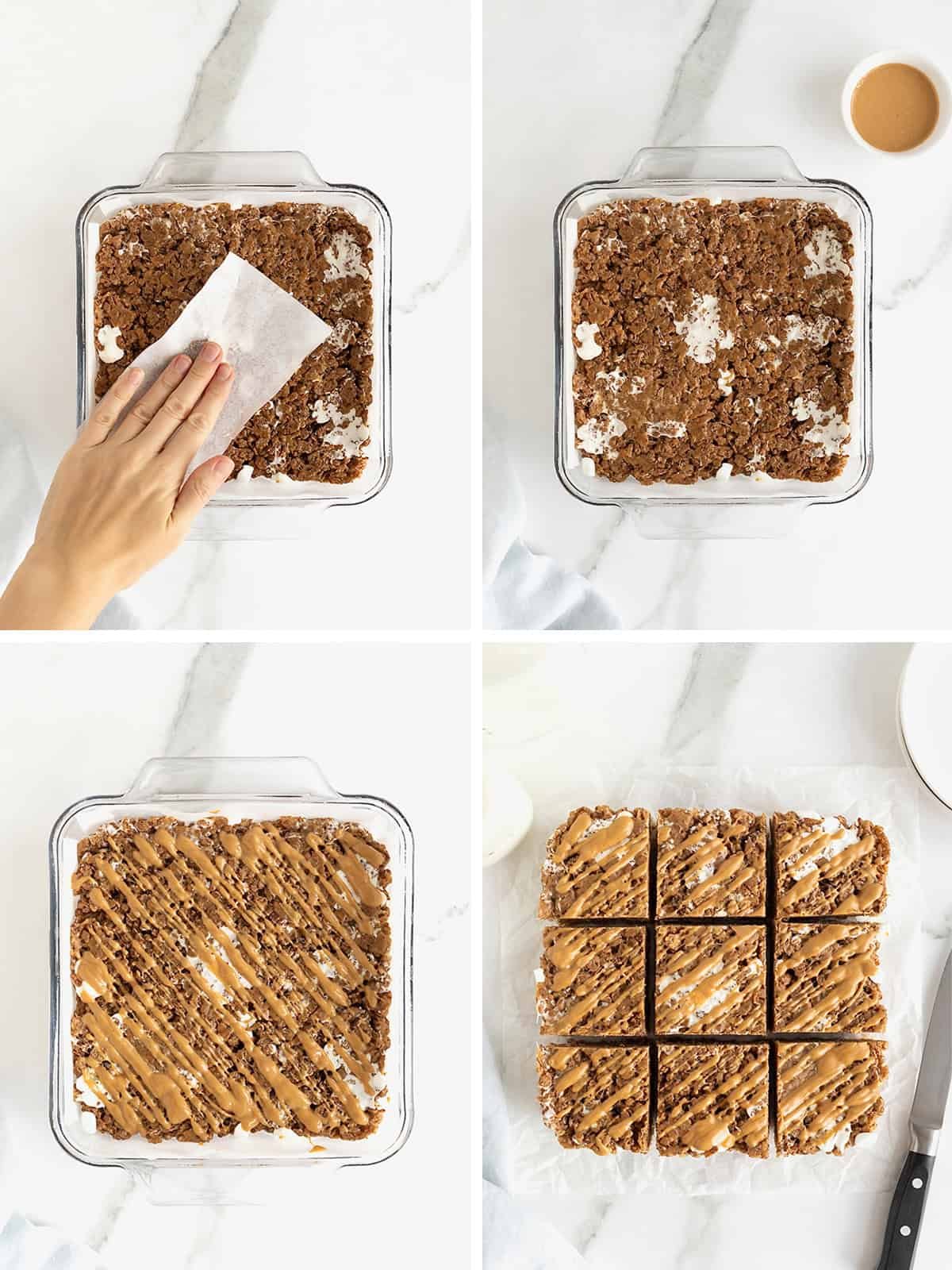 Steps to make Chocolate Peanut Butter Rice Krispies Treats.