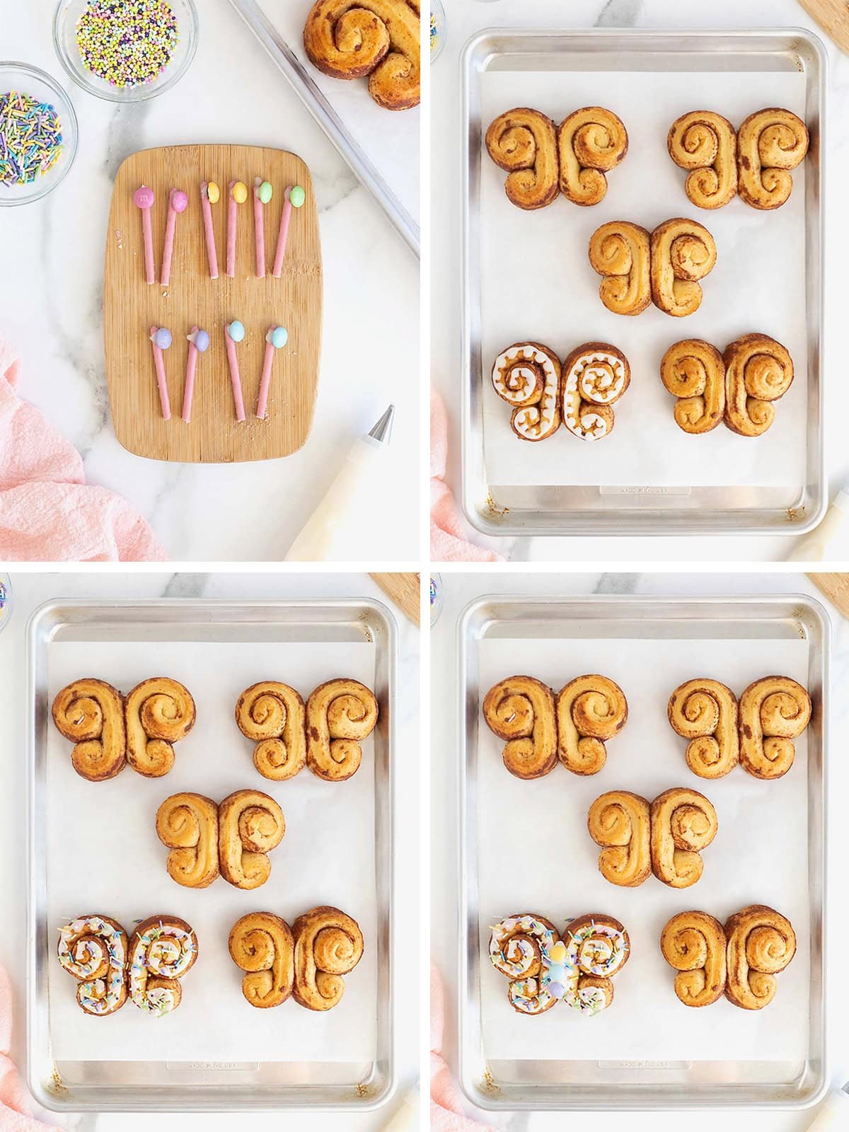 Steps to make butterfly cinnamon rolls.