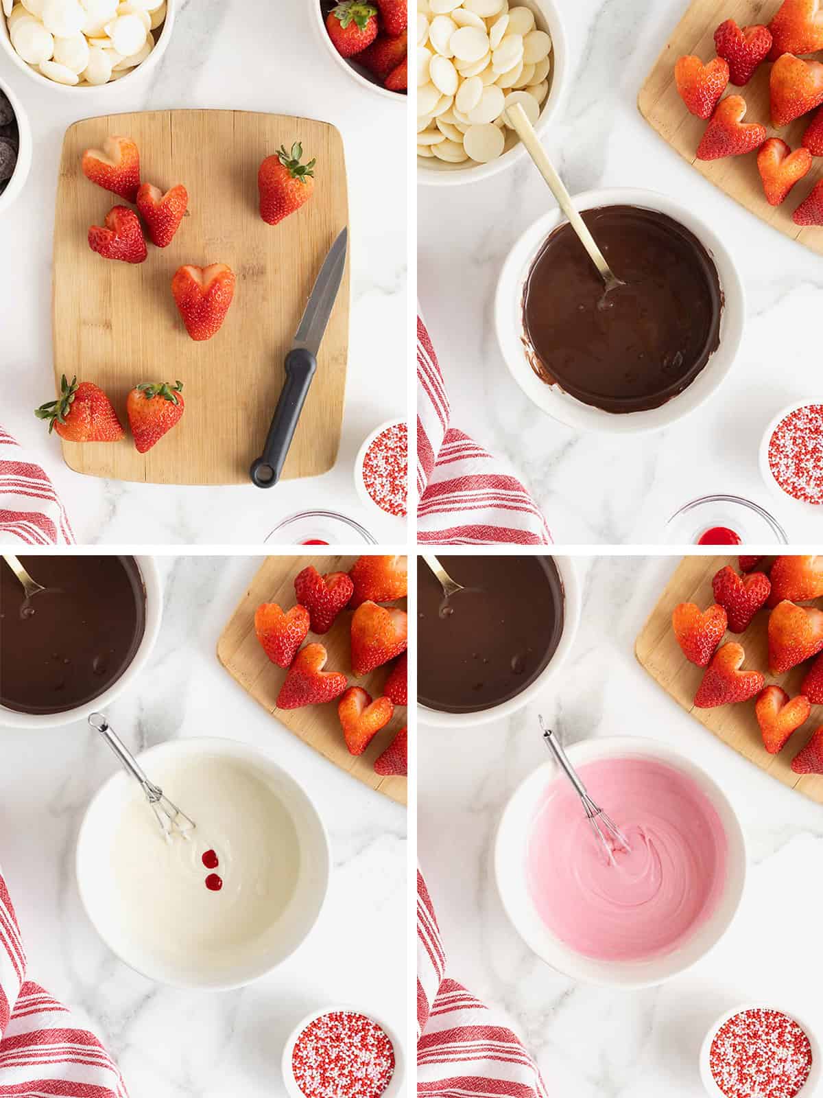 Steps to make heart-shaped chocolate dipped stawberries.