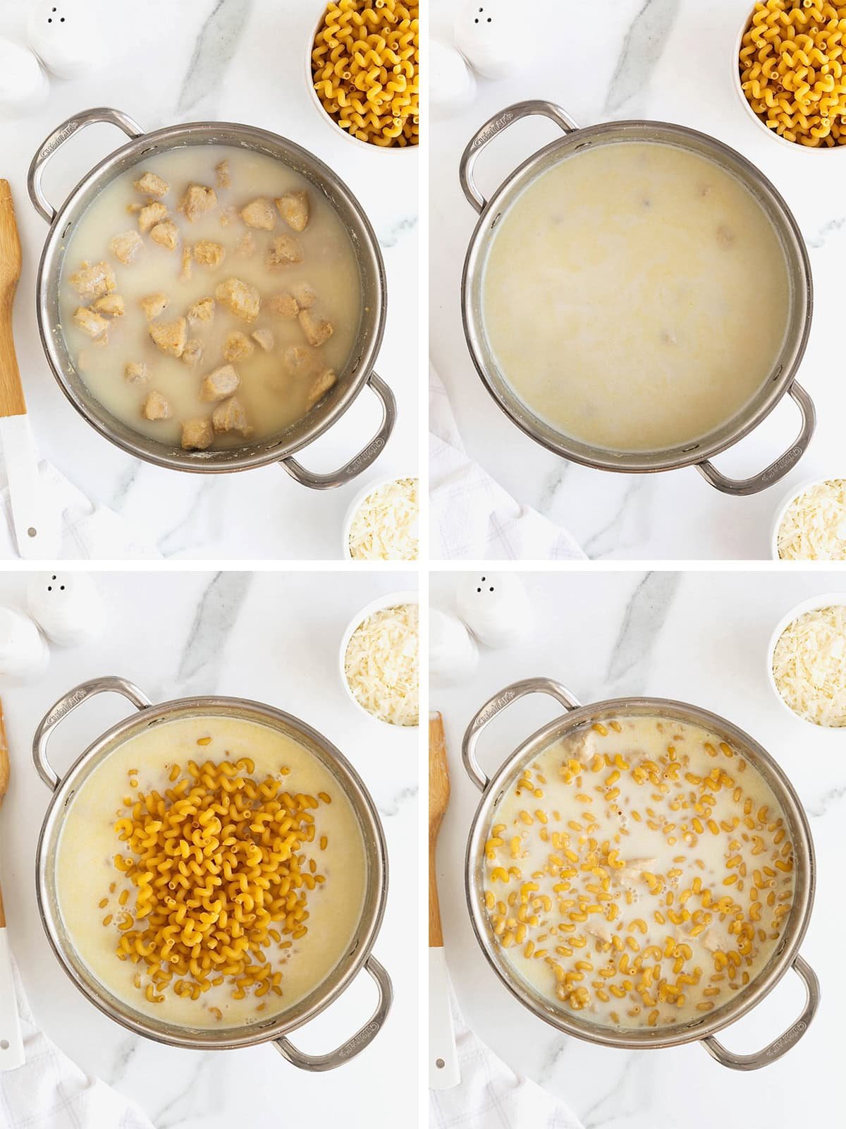 Steps to make one-pot chicken Alfredo pasta.
