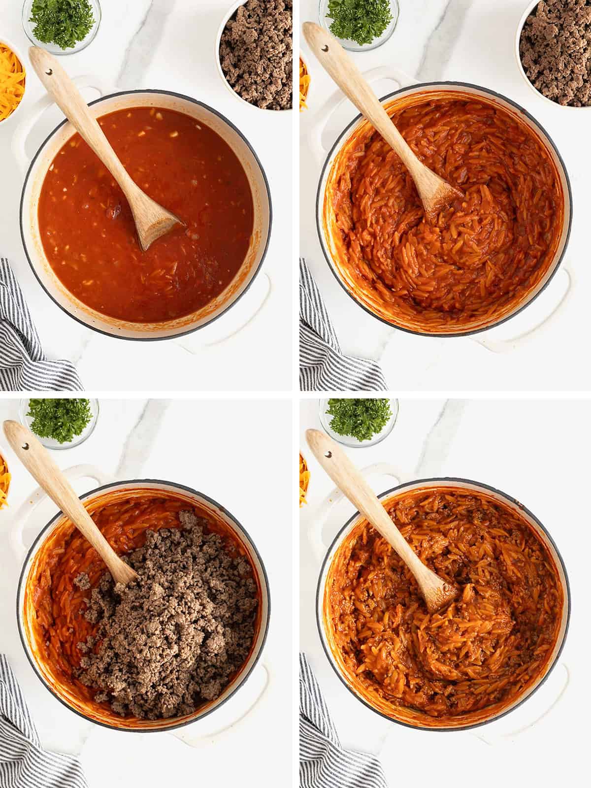 Steps to make sloppy Joe orzo.