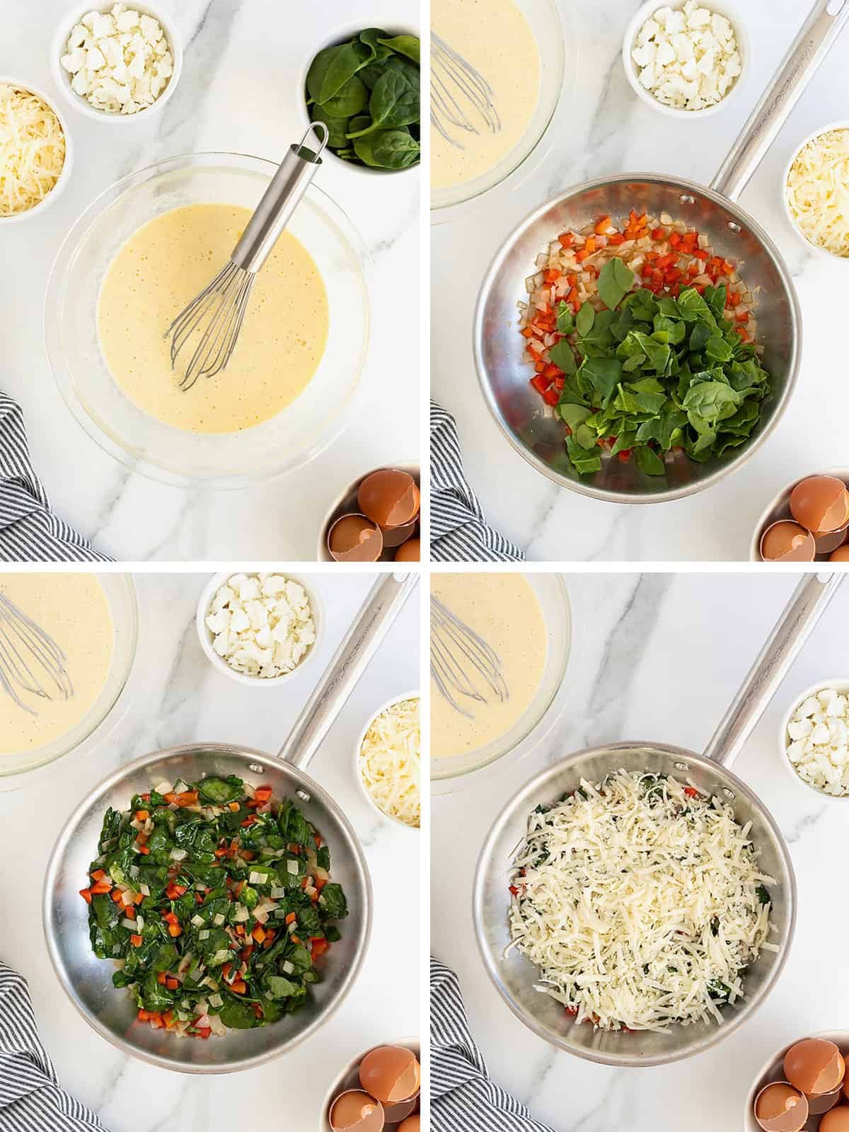 Steps to make spinach, goat cheese and red pepper frittata.
