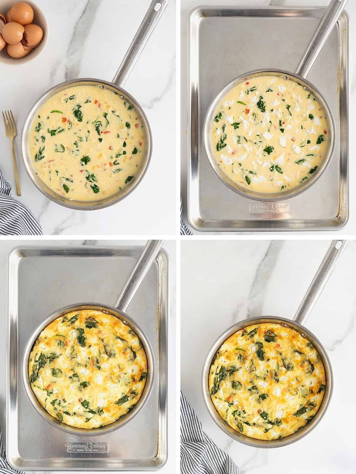 Steps to make spinach, goat cheese and red pepper frittata.