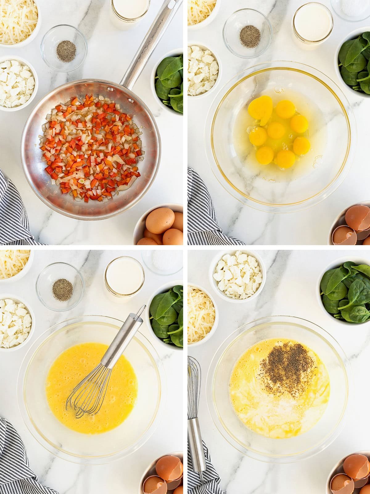 Steps to make spinach, goat cheese and red pepper frittata.