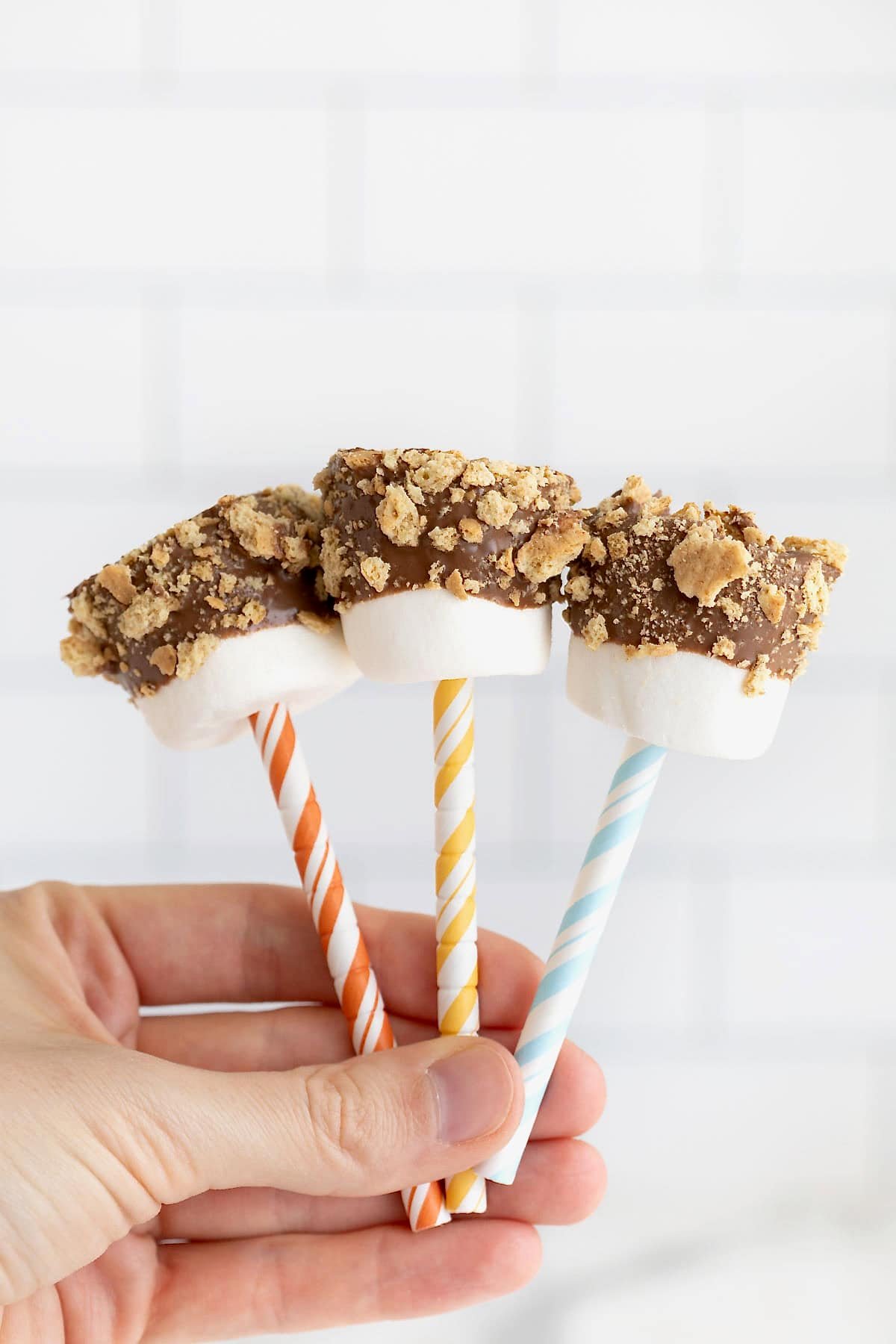 A hand holding three s'mores marshmallow pops on pastel and white striped straws.