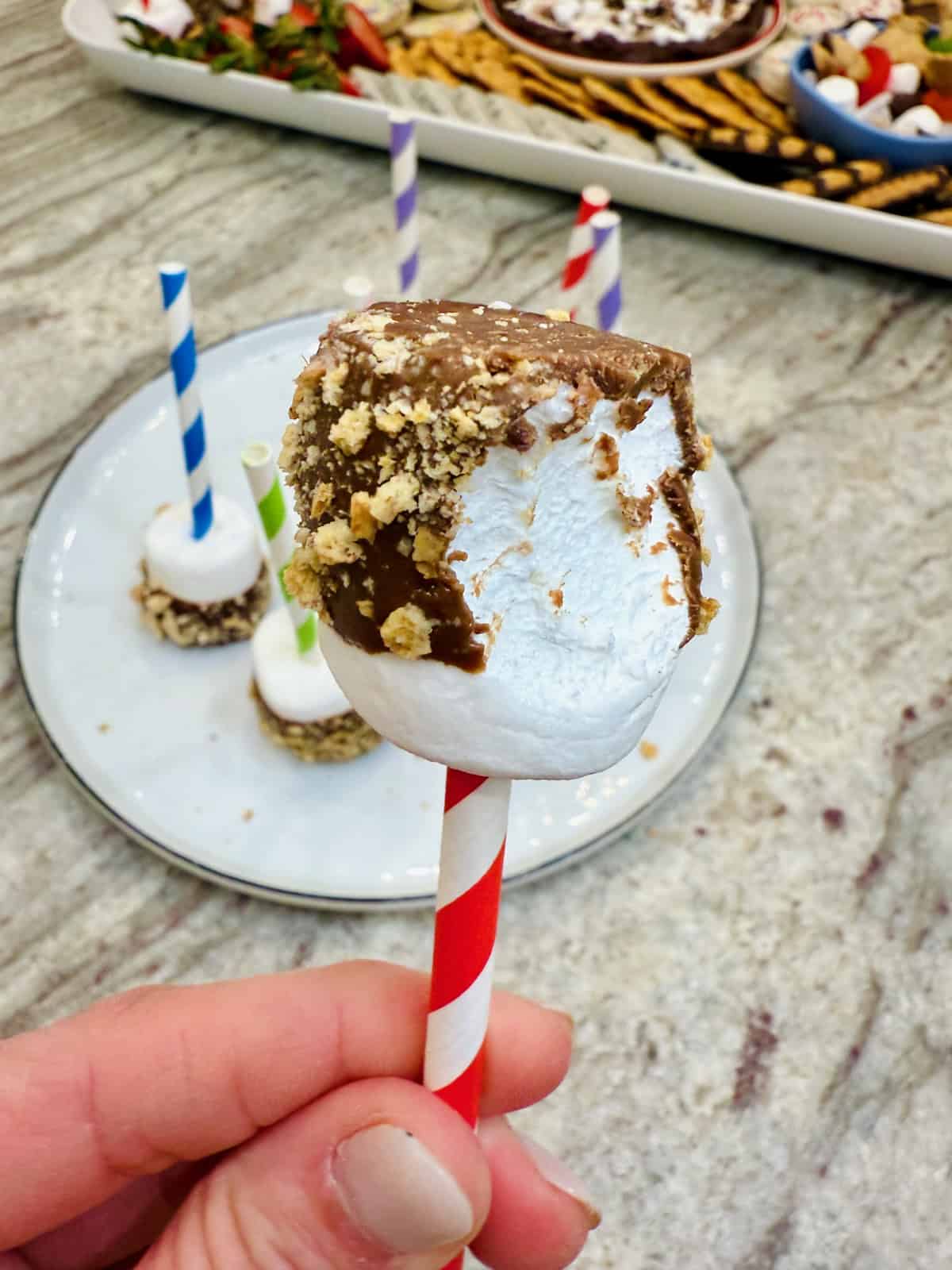 A S'mores Marshmallow Pop on a red and white straw with a bite out of it.
