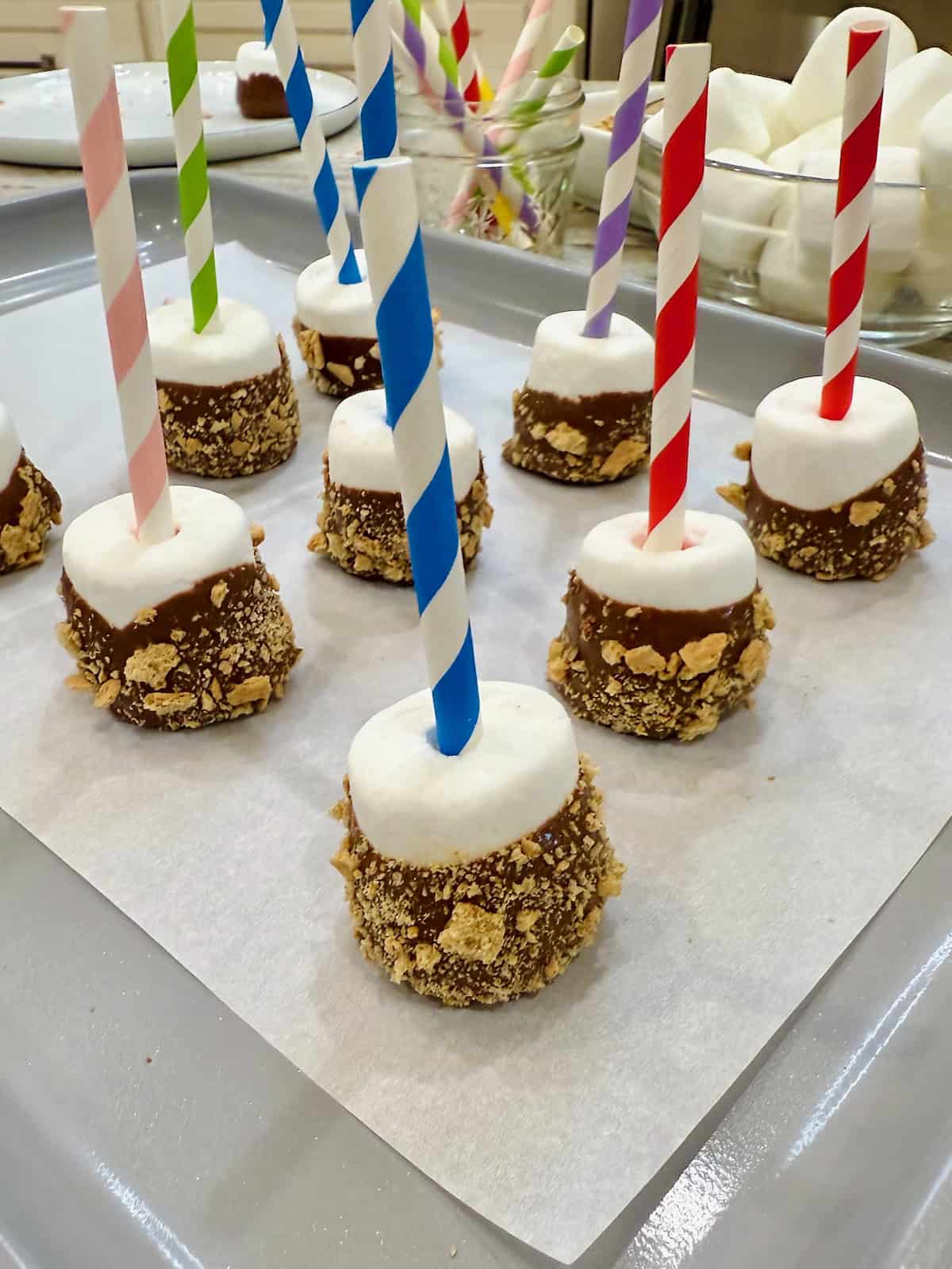 9 S'mores Marshmallow Pops on a parchment lined baking sheet.