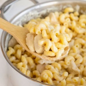 A wooden spoon scooping chicken Alfredo pasta from a stainless steel pot.
