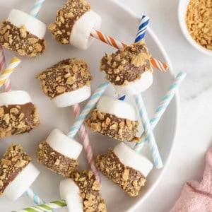 A white rimmed serving plate of chocolate covered marshmallows on brightly covered straws.