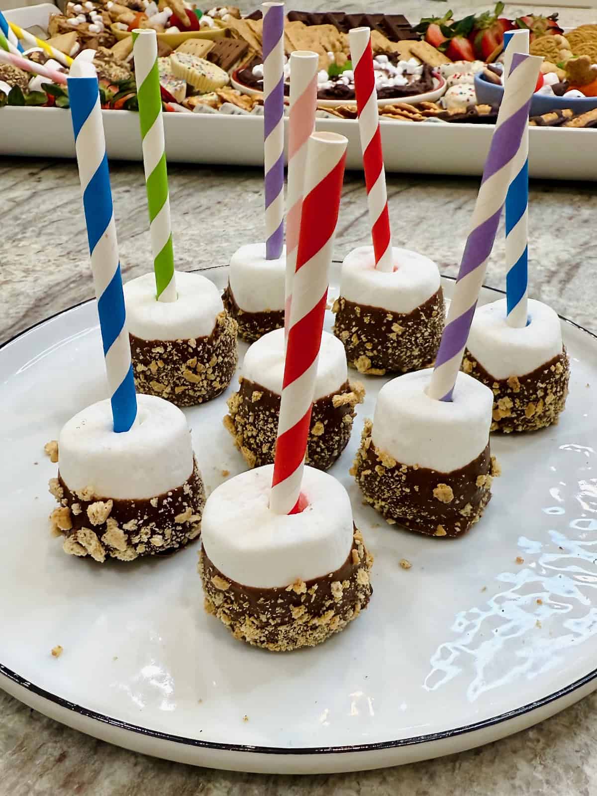 Eight large marshmallows with straws sticking out on a large plate. The marshmallows have been dipped halfway in melted chocolate and rolled in graham cracker crumbs.