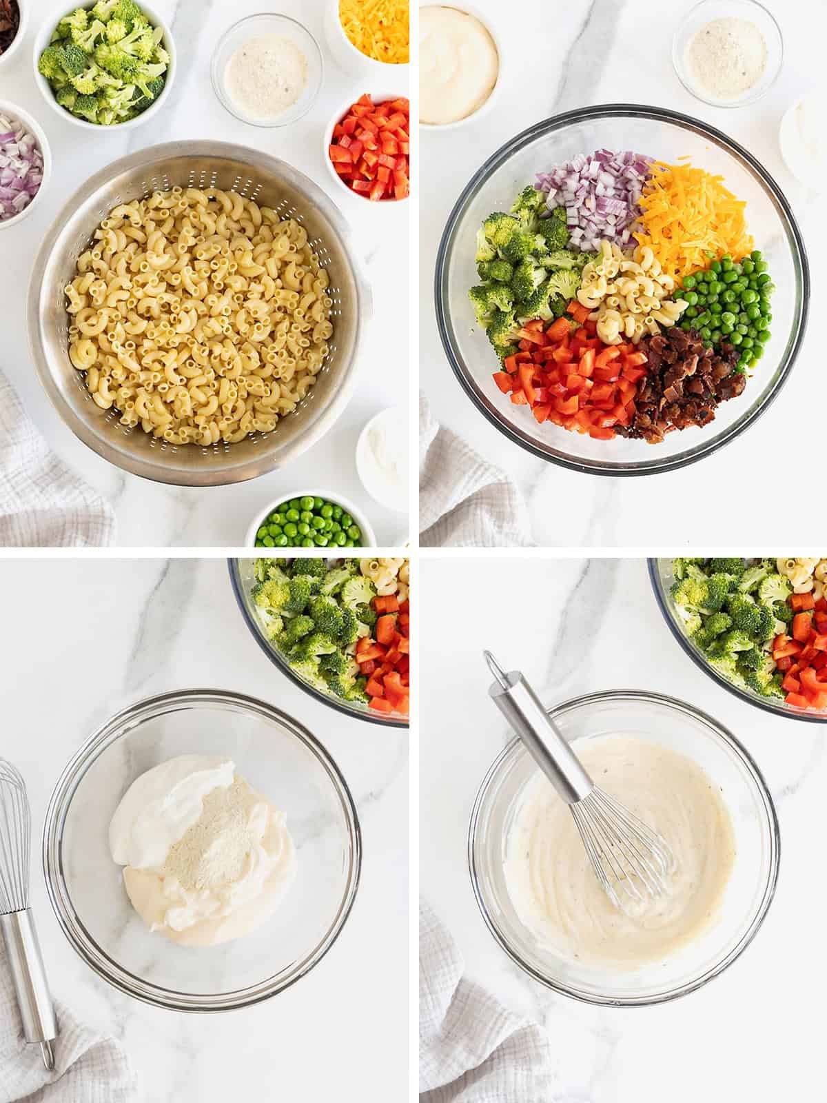 Steps to make macaroni salad with bacon and ranch dressing.