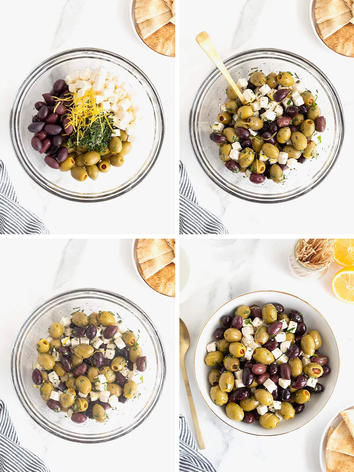 Steps to make marinated olives and feta.