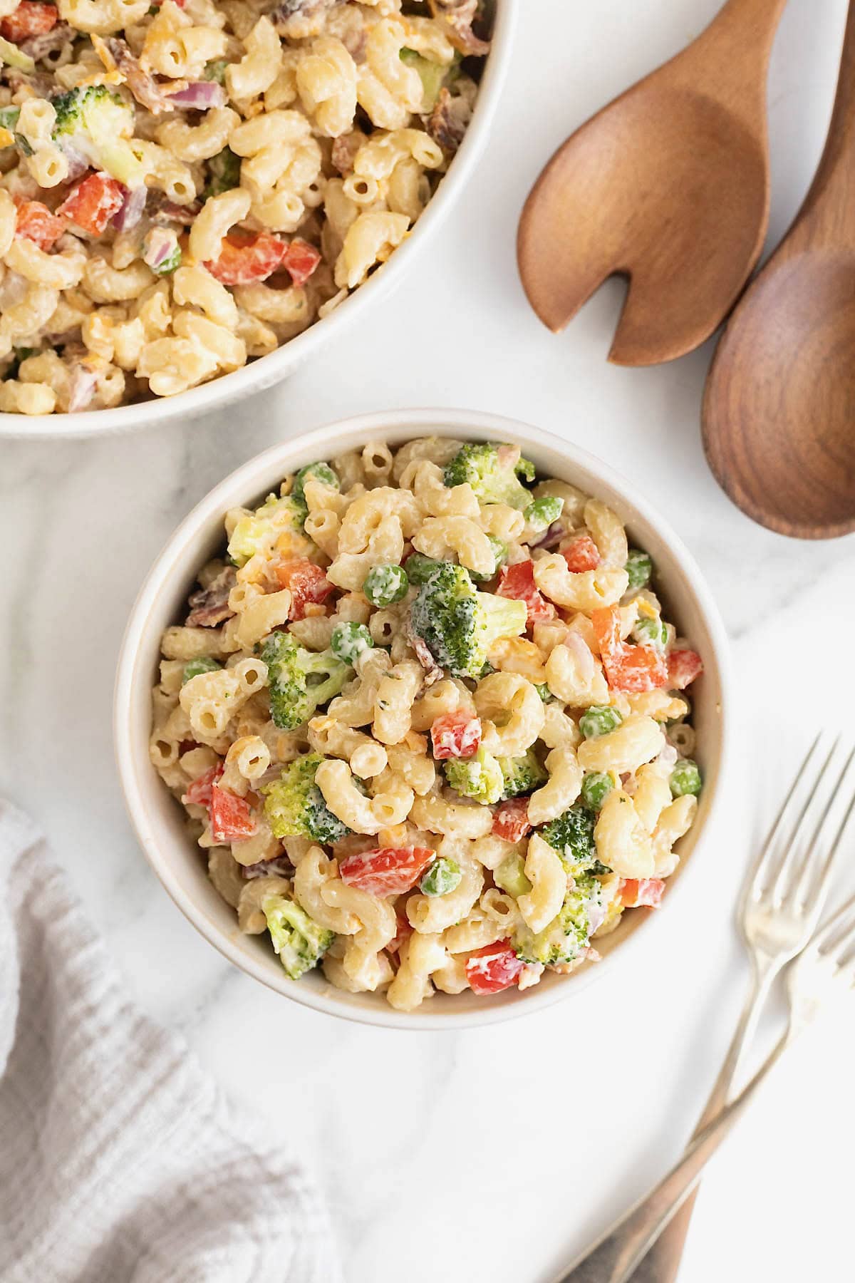 A bowl of bacon ranch macaroni salad.