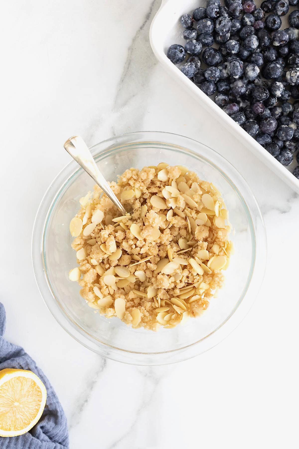 Sliced almonds added to a simple streusel