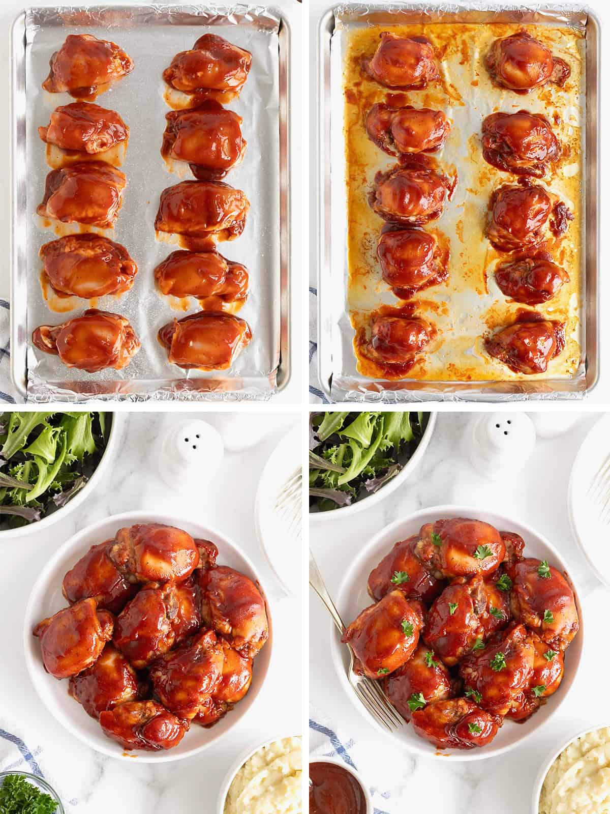 Steps to make barbecue chicken thighs in the oven.