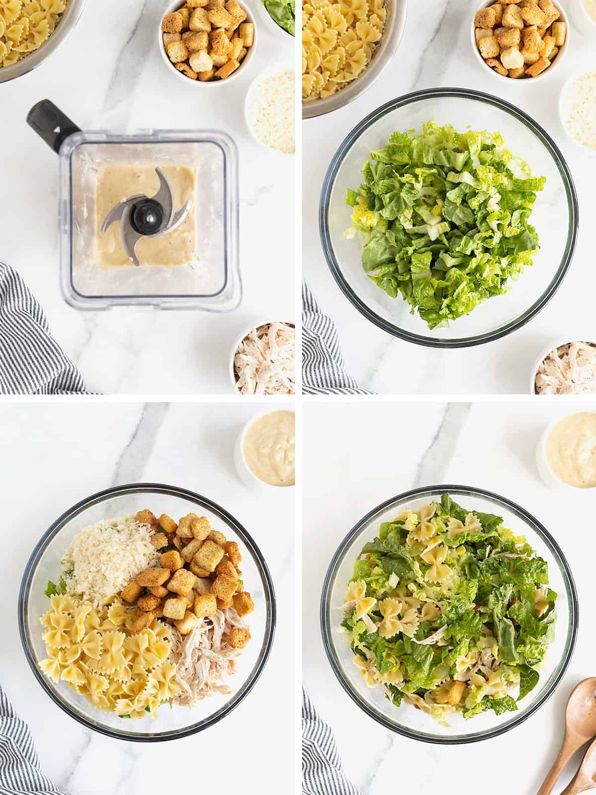 Steps to make Chicken Caesar Pasta Salad.