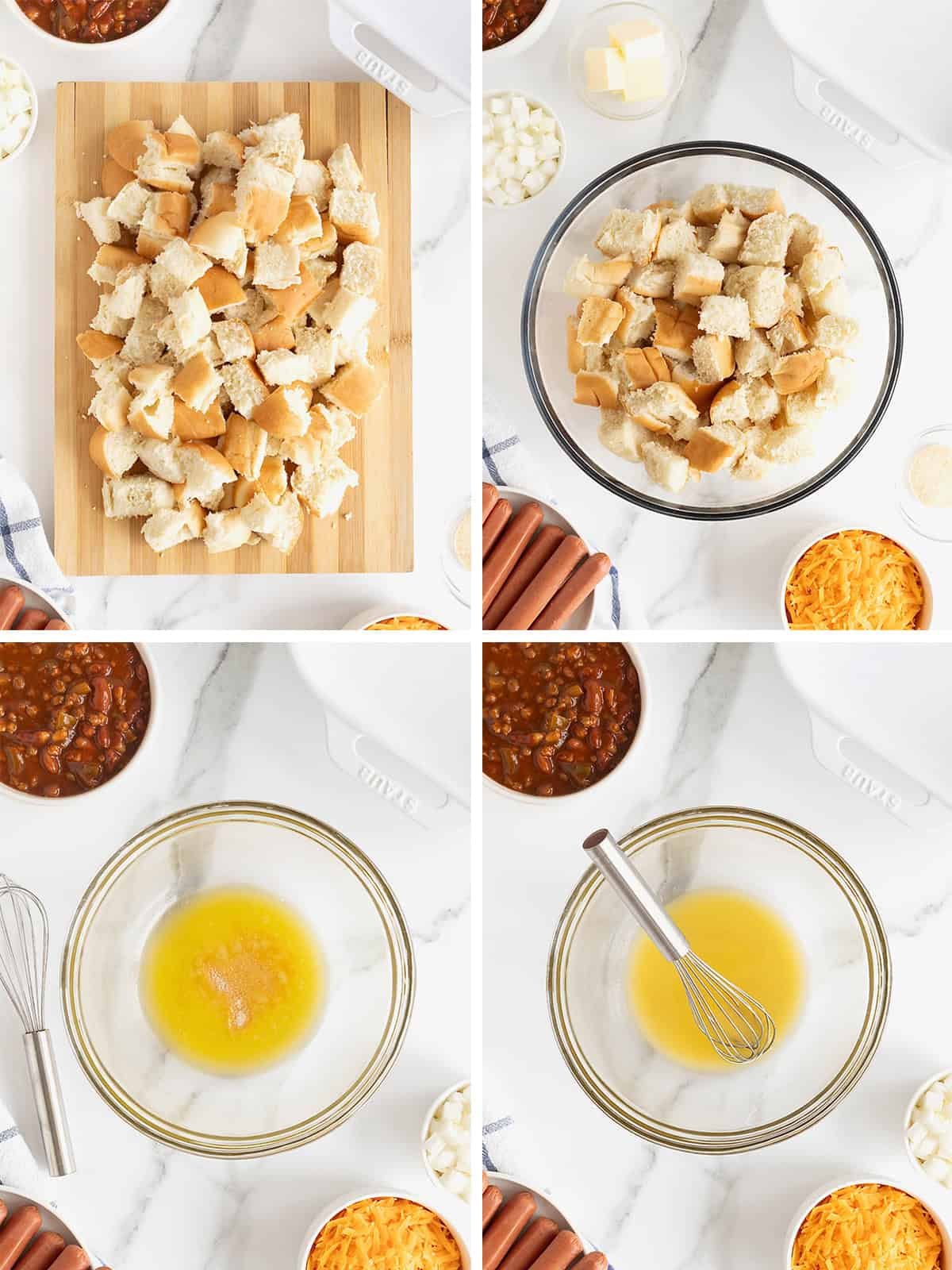 Steps to make chili cheese dog casserole.